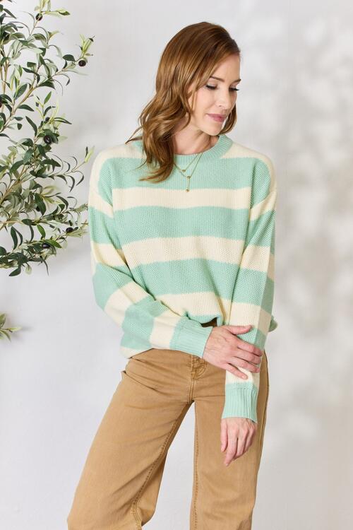 Sew In Love Full Size Contrast Striped Round Neck Sweater |1mrk.com