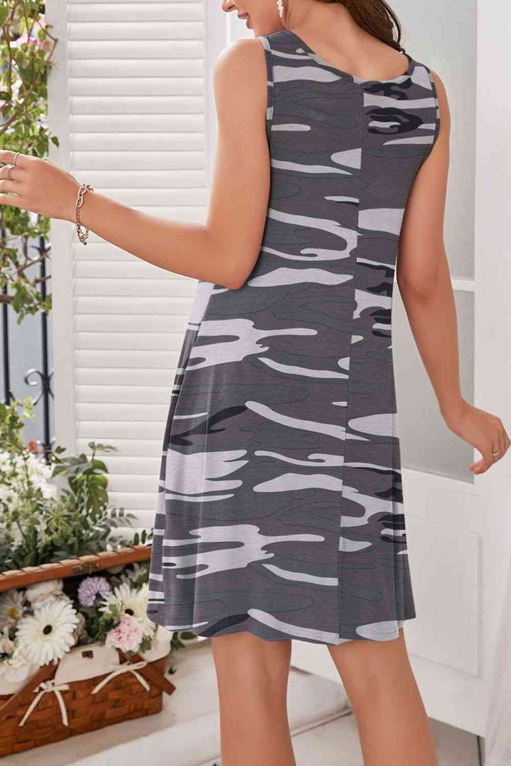 Printed Round Neck Sleeveless Dress |1mrk.com