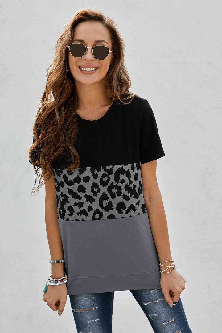 Leopard Print Color Block Short Sleeve T-Shirt | 1mrk.com