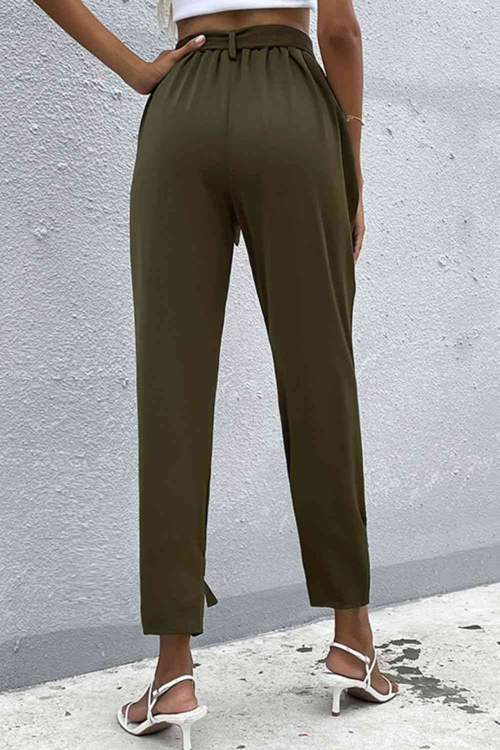 Tie Detail Belted Pants with Pockets | 1mrk.com
