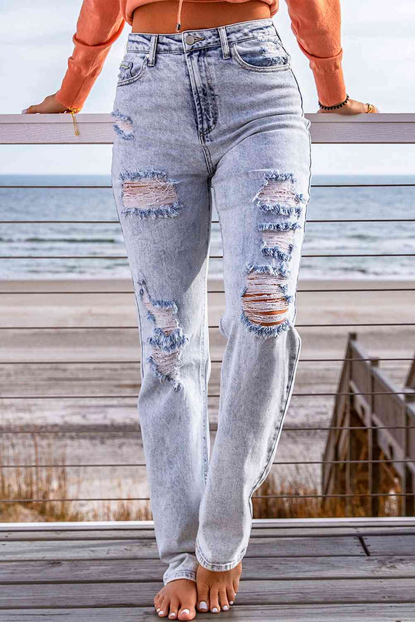 Distressed Straight Leg Jeans with Pockets | 1mrk.com