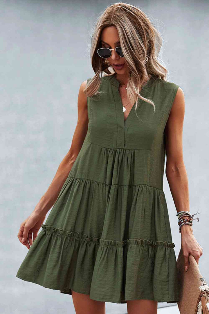 Frill Trim Notched Sleeveless Tiered Dress |1mrk.com