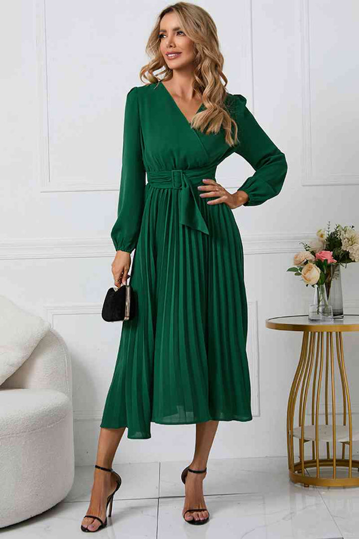 V-Neck Long Sleeve Tie Waist Midi Dress | 1mrk.com