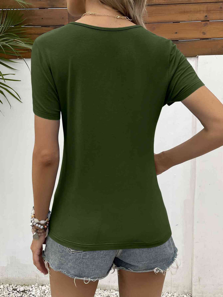 Lace Trim V-Neck Short Sleeve Blouse | 1mrk.com