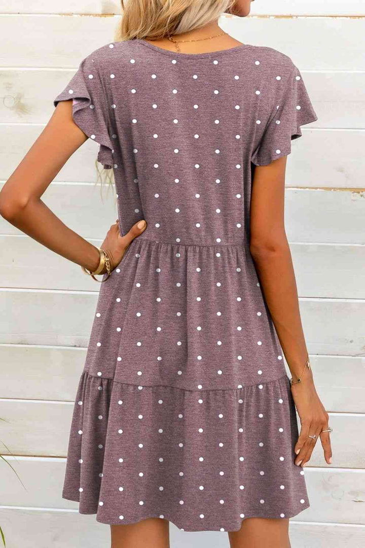 Polka Dot V-Neck Flutter Sleeve Mini Dress |1mrk.com