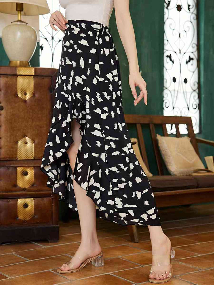 Printed Ruffled Front Slit Skirt |1mrk.com