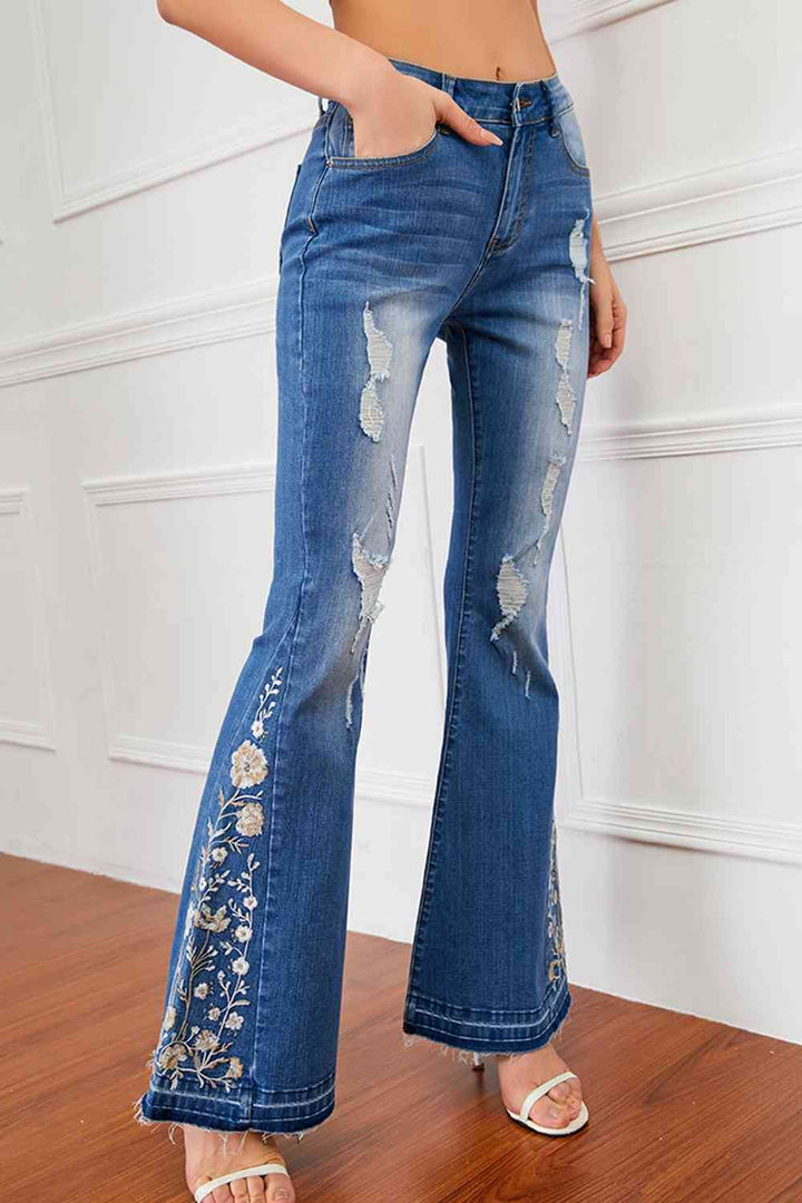 Full Size Flower Embroidery Distressed Jeans | 1mrk.com