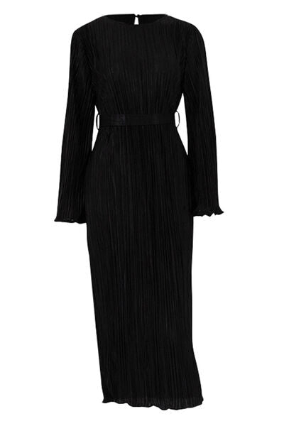 Textured Tied Round Neck Long Sleeve Dress |1mrk.com