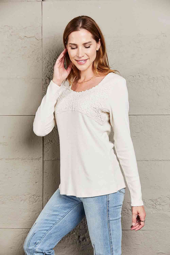 Double Take Lace Crochet Long Sleeve Top | 1mrk.com