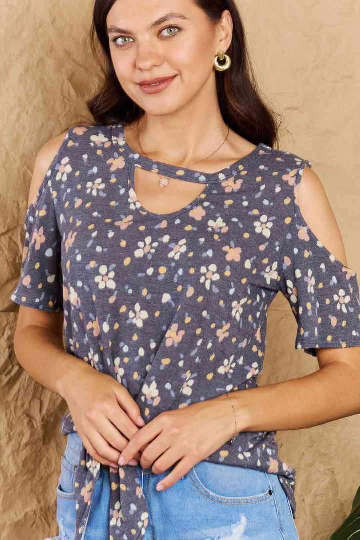 Heimish On My Own Full Size Cold Shoulder Keyhole Floral Print Top | 1mrk.com