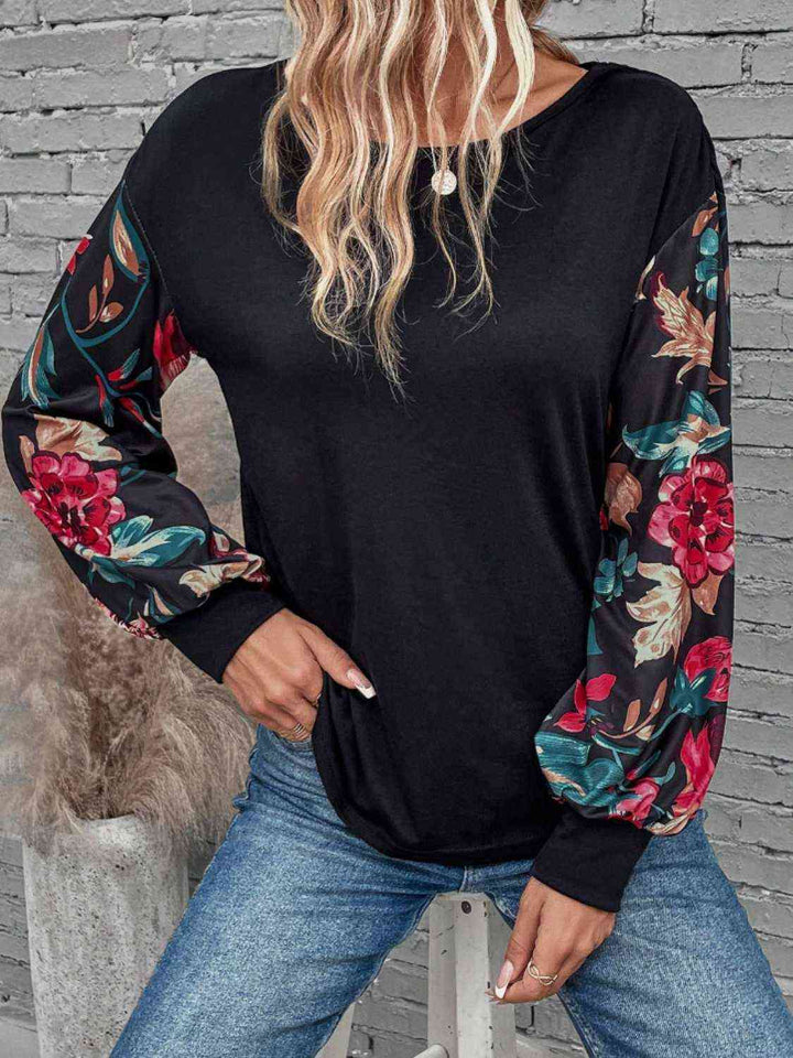 Floral Round Neck Long Sleeve Top | 1mrk.com