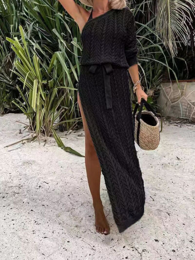 Slit Openwork Single Shoulder Knit Dress |1mrk.com