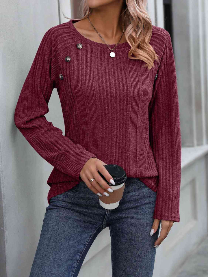 Ribbed Buttoned Round Neck Long Sleeve T-Shirt | 1mrk.com