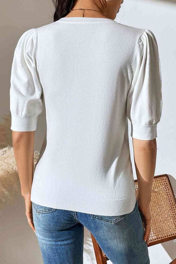 Round Neck Puff Sleeve Knit Top | 1mrk.com