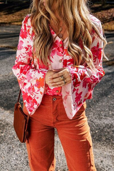 Floral Flare Sleeve Button Up V-Neck Bodysuit | 1mrk.com