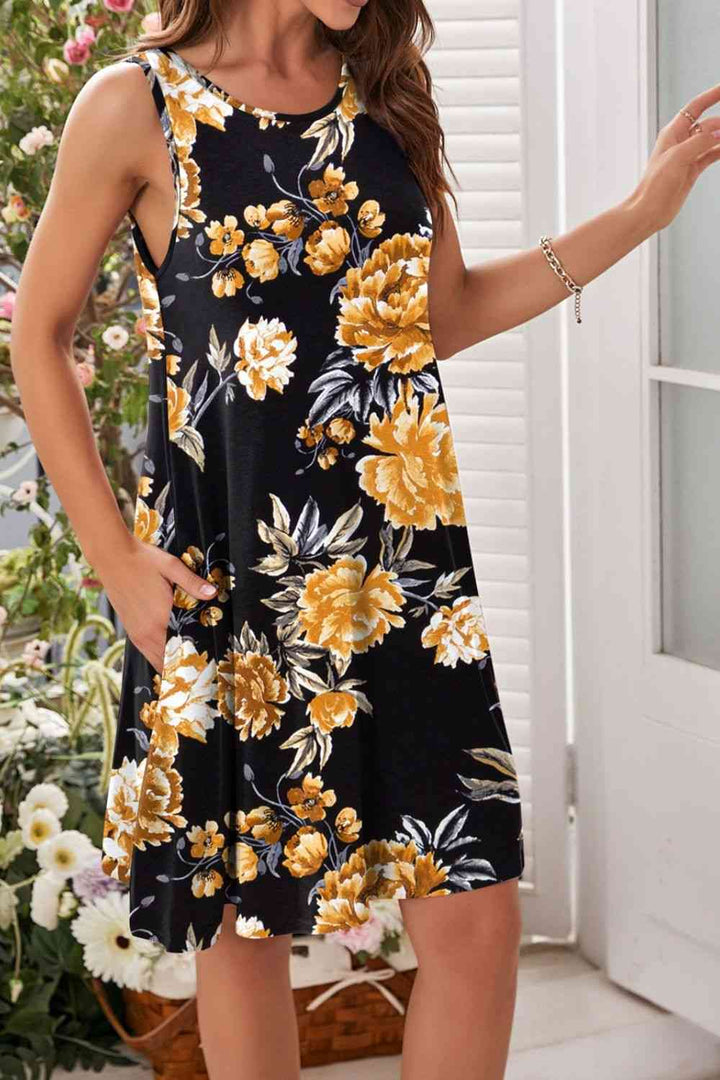 Printed Round Neck Sleeveless Dress |1mrk.com