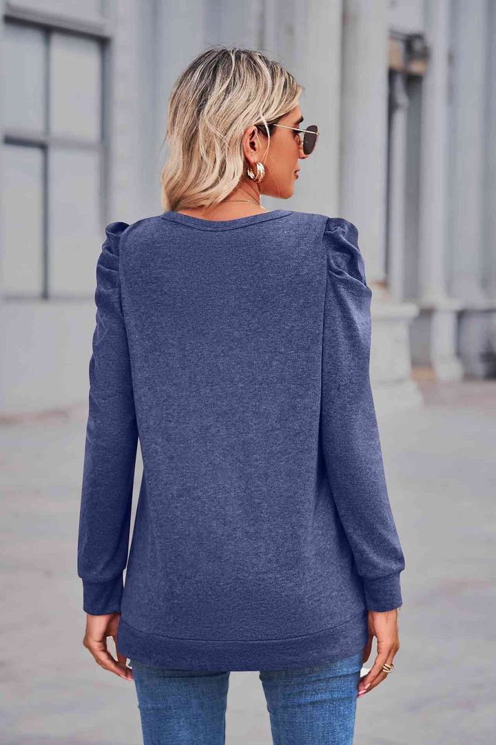 Heathered Puff Sleeve Round Neck Tunic Top | 1mrk.com