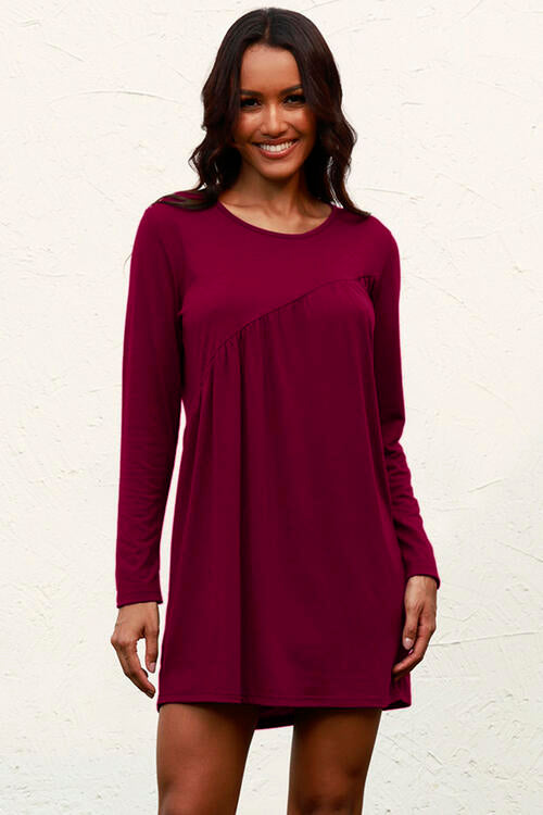 Ruched Round Neck Long Sleeve Dress | 1mrk.com