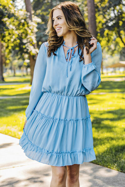 Frill Tie Neck Balloon Sleeve Dress | Trendsi