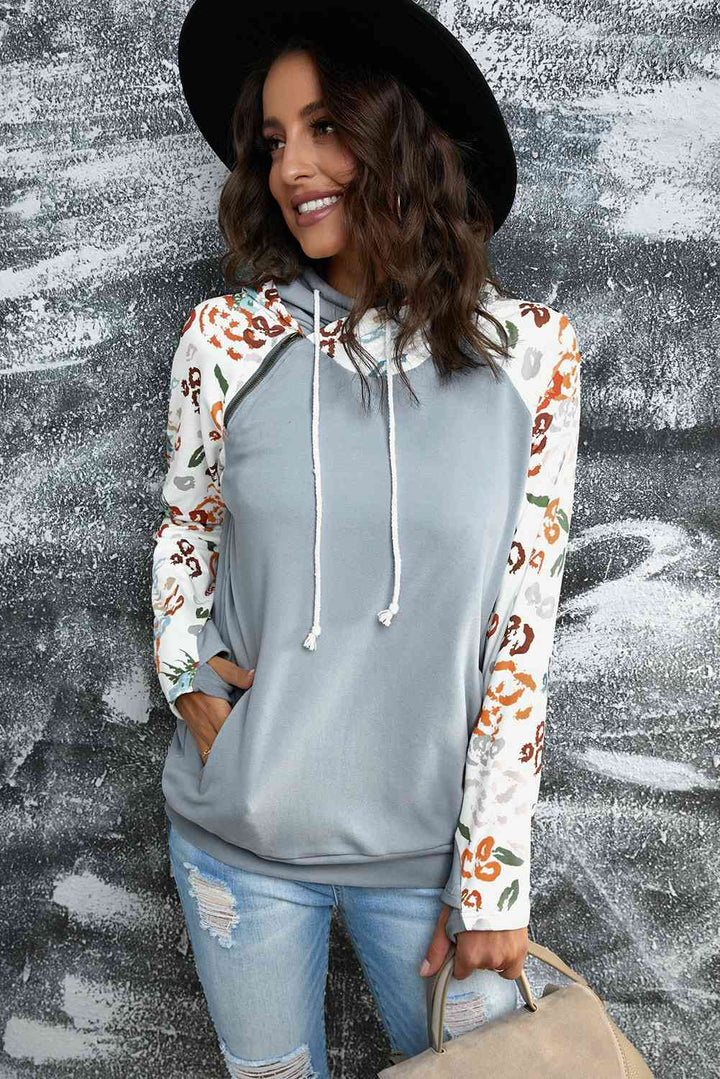 Printed Drawstring Detail Raglan Sleeve Hoodie | 1mrk.com