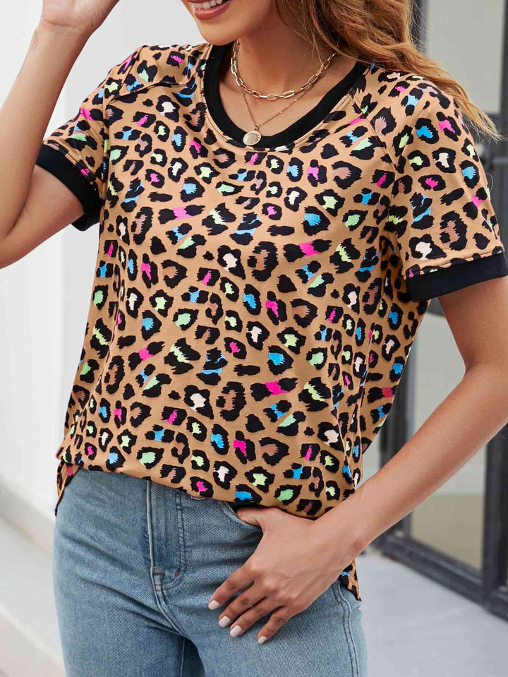 Leopard Round Neck Short Sleeve Tee Shirt | 1mrk.com