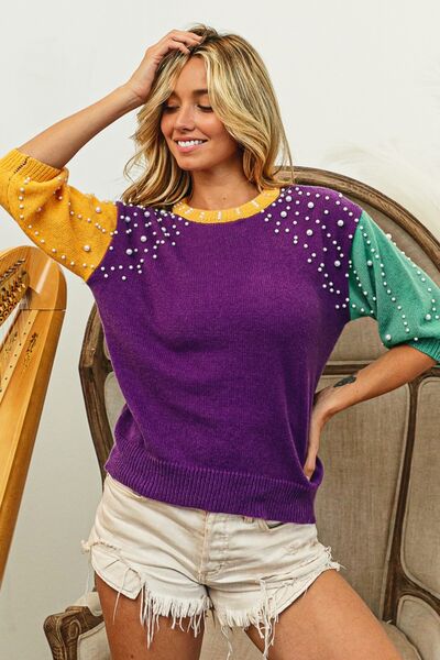 BiBi Color Block Pearl Detail Round Neck Sweater |1mrk.com