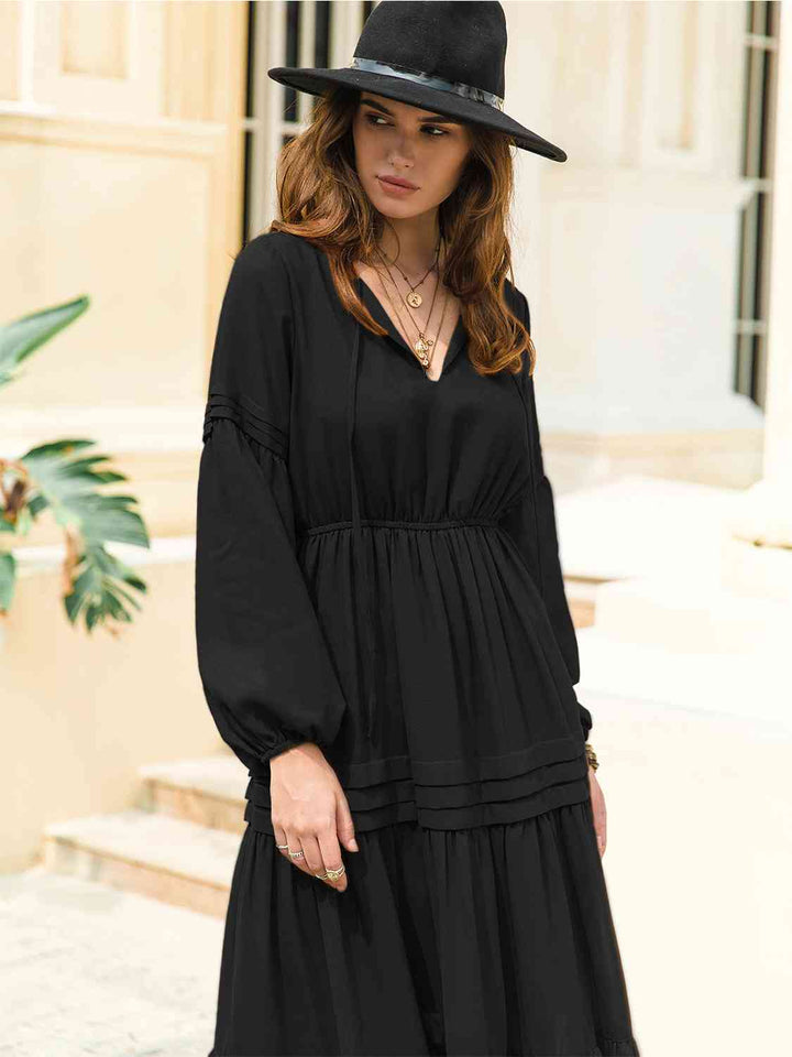 Tie Neck Long Sleeve Midi Tiered Dress | 1mrk.com