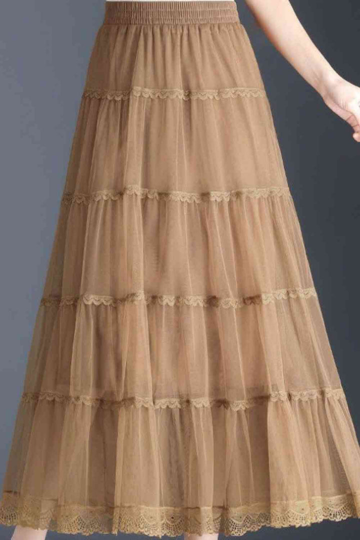 Smocked Lace Trim Midi Skirt |1mrk.com