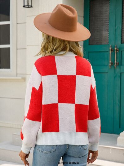 Checkered Round Neck Dropped Shoulder Sweater |1mrk.com