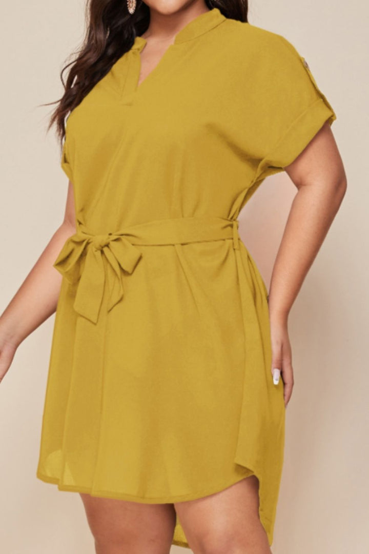 Plus Size Notched Tie Waist Mini Dress | Trendsi