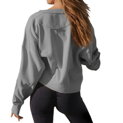 Round Neck Drop Shoulder Long Sleeve Sweatshirt |1mrk.com