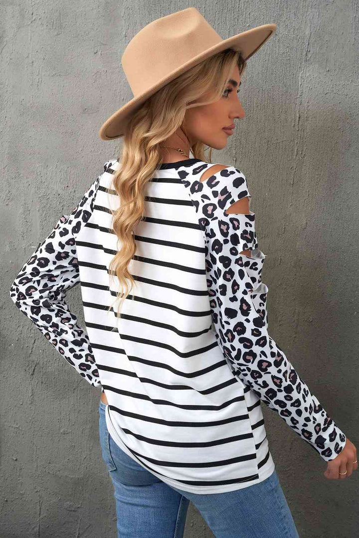 Leopard Print Striped Distressed Long Sleeve Tee | 1mrk.com