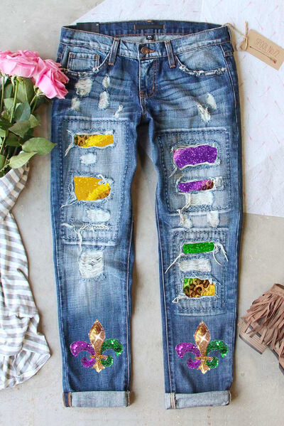 Mardi Gras Sequin Distressed Straight Jeans |1mrk.com
