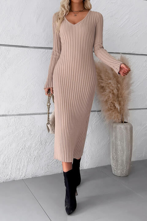 V-Neck Long Sleeve Ribbed Sweater Dress | 1mrk.com
