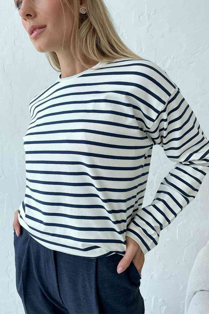 Round Neck Striped Dropped Shoulder T-Shirt | 1mrk.com