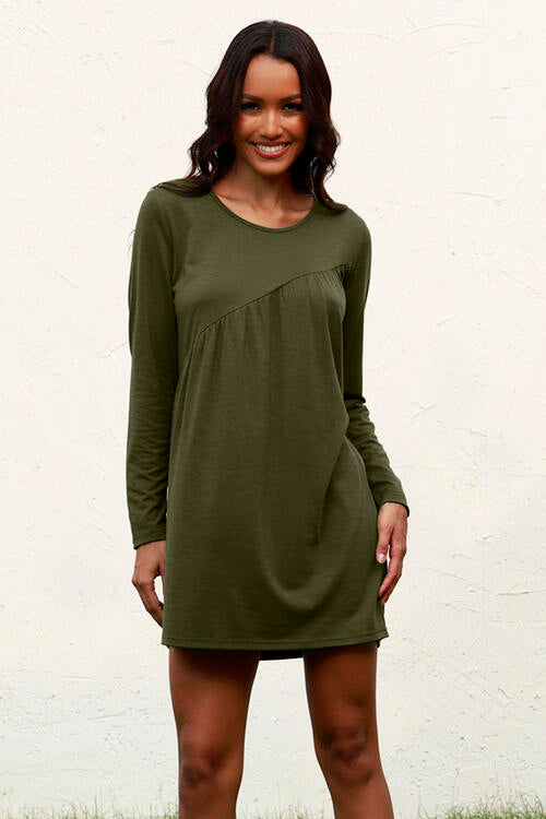 Ruched Round Neck Long Sleeve Dress | 1mrk.com