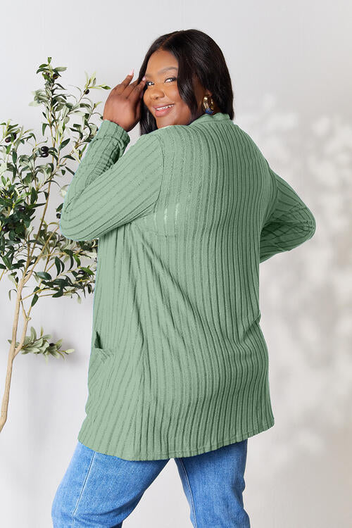 Basic Bae Full Size Ribbed Open Front Cardigan with Pockets | Trendsi