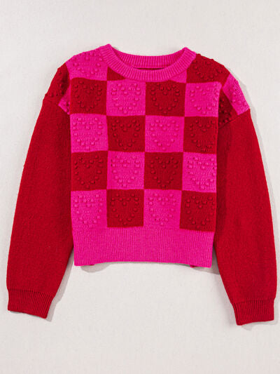 Plaid Heart Round Neck Sweater |1mrk.com