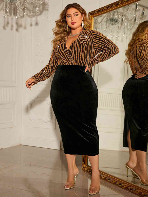 Plus Size Surplice Neck Long Sleeve Slit Dress | 1mrk.com