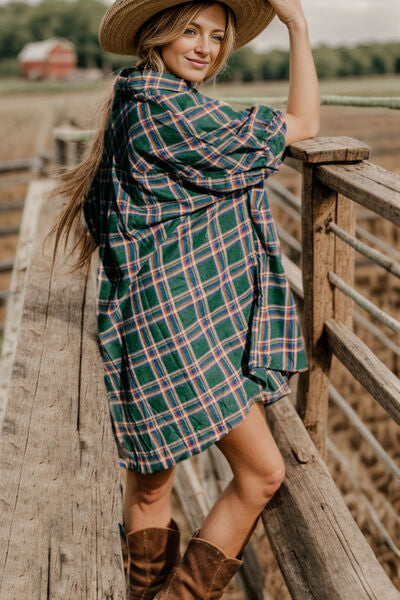 Plaid Button Up Collared Neck Shirt Dress |1mrk.com