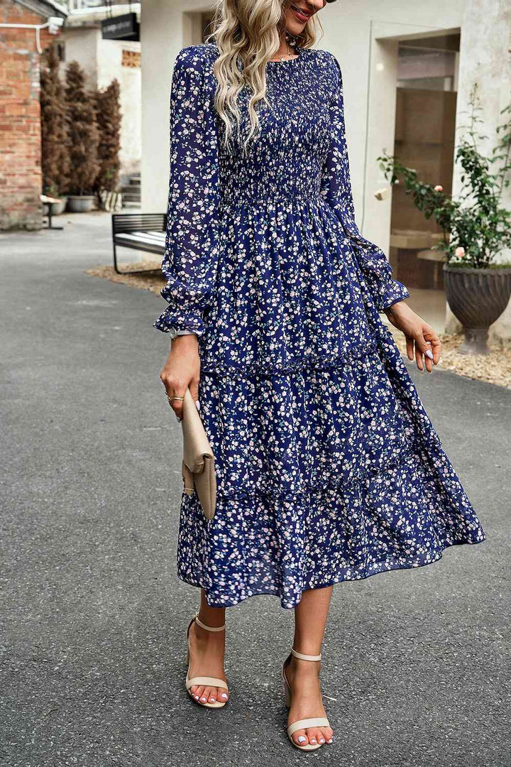 Smocked Flounce Sleeve Midi Dress | 1mrk.com