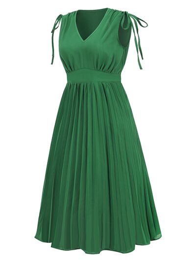 Pleated V-Neck Sleeveless Midi Dress |1mrk.com