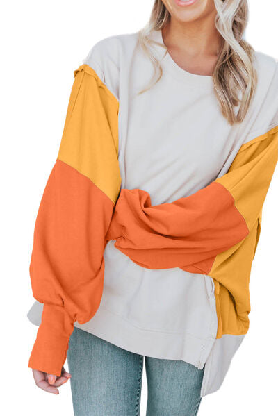 Color Block Exposed Seam Lantern Sleeve Sweatshirt | 1mrk.com