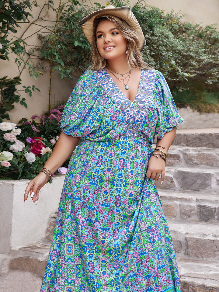 Plus Size Printed V-Neck Balloon Sleeve Dress | Trendsi