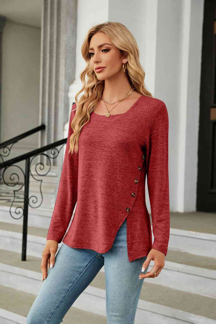 Square Neck Long Sleeve Slit T-Shirt | 1mrk.com