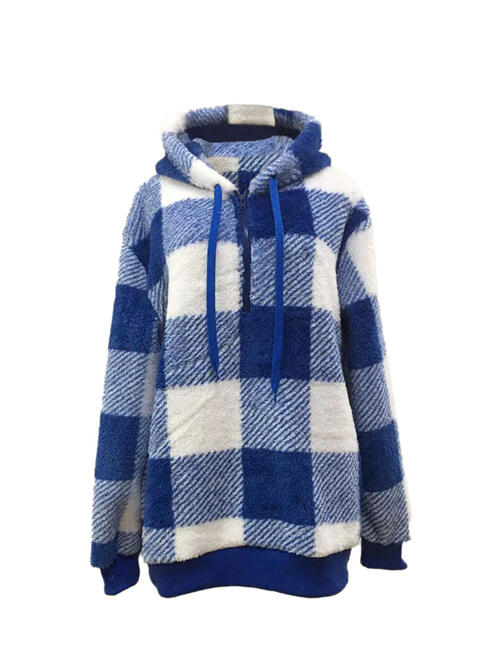 Plaid Half Zip Drawstring Hoodie | 1mrk.com