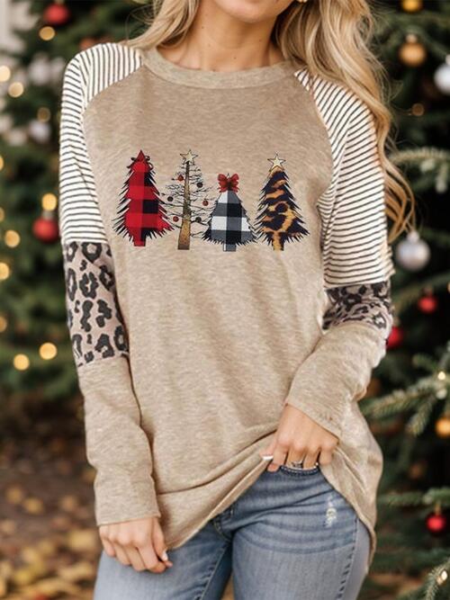 Christmas Tree Graphic Striped Long Sleeve Sweatshirt |1mrk.com