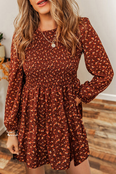 Ditsy Floral Smocked Balloon Sleeve Mini Dress |1mrk.com