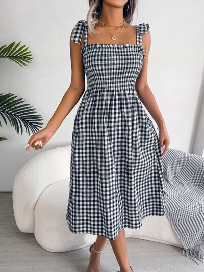 Frill Plaid Square Neck Midi Dress |1mrk.com