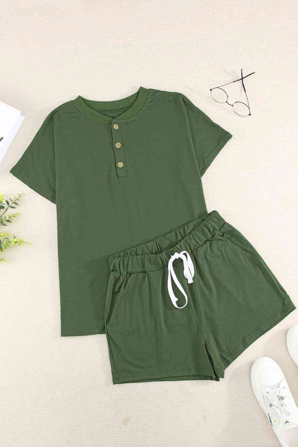 Quarter Button Short Sleeve Top and Shorts Lounge Set | 1mrk.com